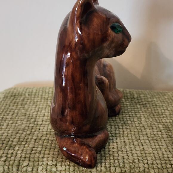 Vintage Mid Century Ceramic Siamese Cat Figurine Green Eyes Brown Glaze 6" - Picture 6 of 9